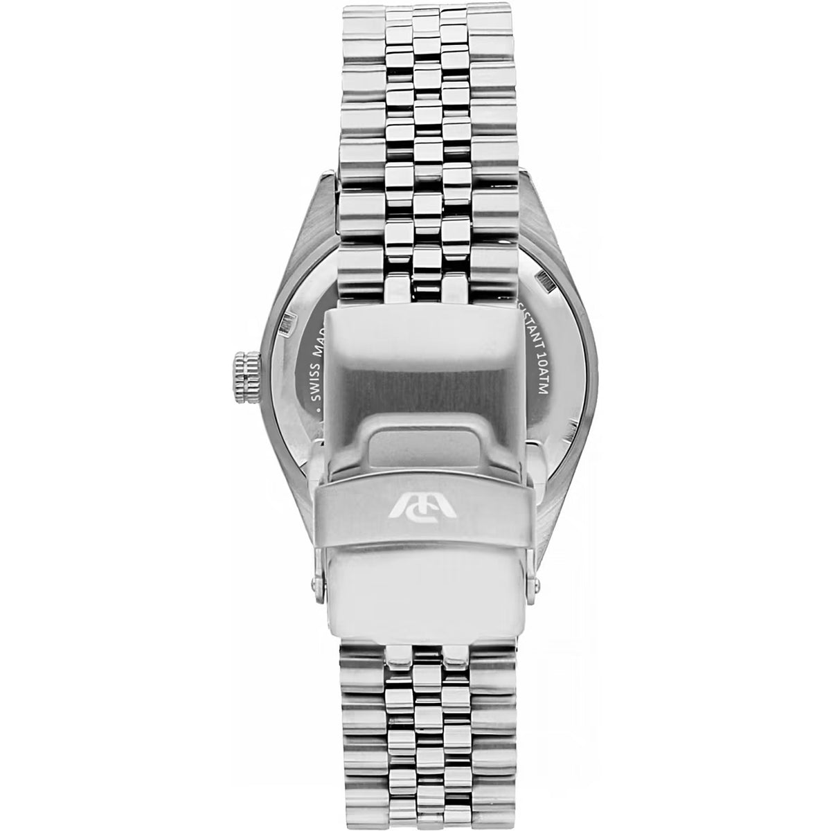 orologio da uomo con movimento automatico swiss made sellita sw200-1 e funzioni di solo tempo con data.
cassa rotonda in acciaio inox dal diametro di 39 mm. lunetta zigrinata. fondello e corona a vite.
quadrante bianco con indici a bastoni, logo a ore 12 e datario a ore 3 con lente di ingrandimento. vetro zaffiro.
cinturino in acciaio anallergico color argento; chiusura deployante con pulsanti.
resistente all'acqua fino a 100 metri di profondità.