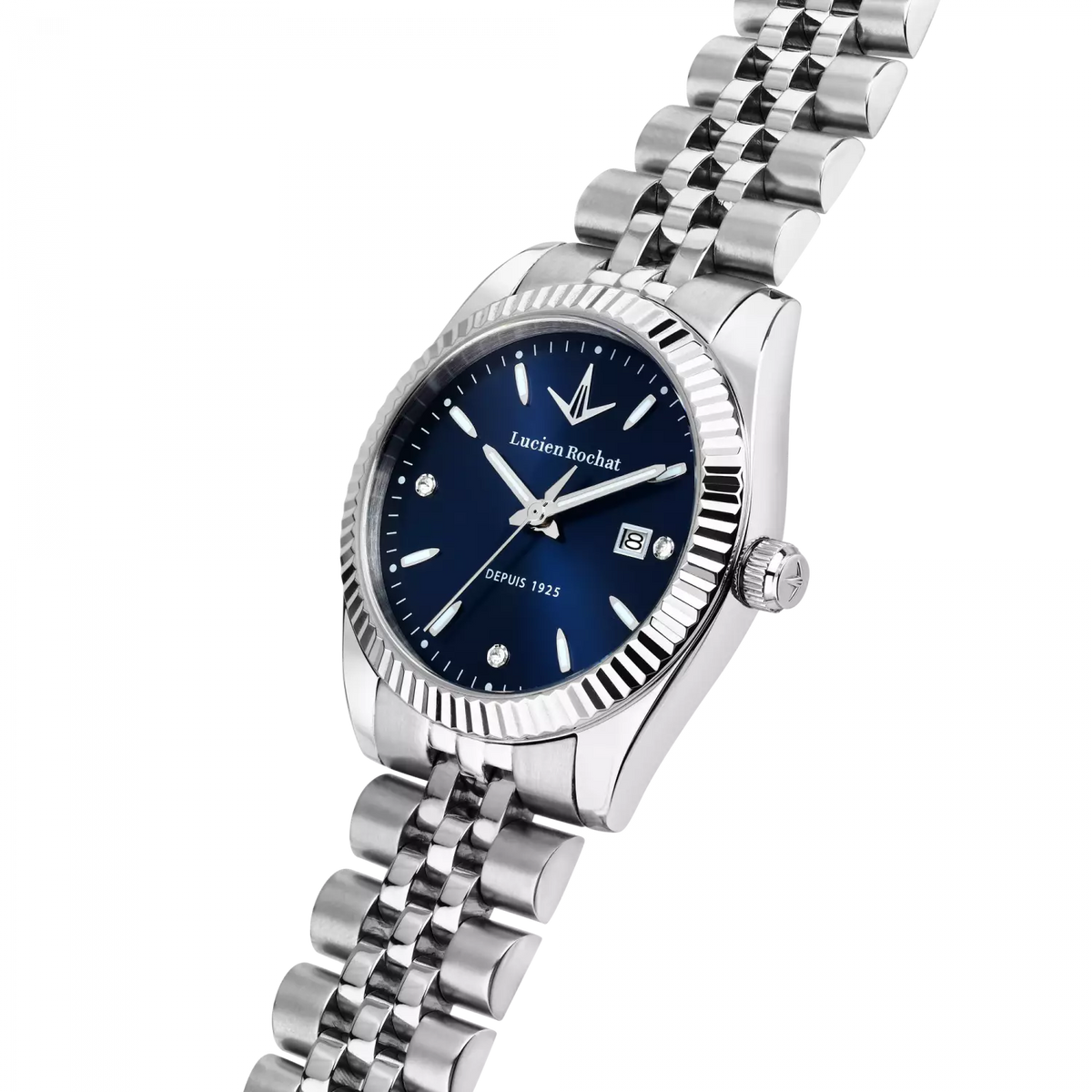 orologio tempo e data da donna lucien rochat r0453124502, cassa silver in acciaio indici con diamanti. collezione bienne lady quadrante blu