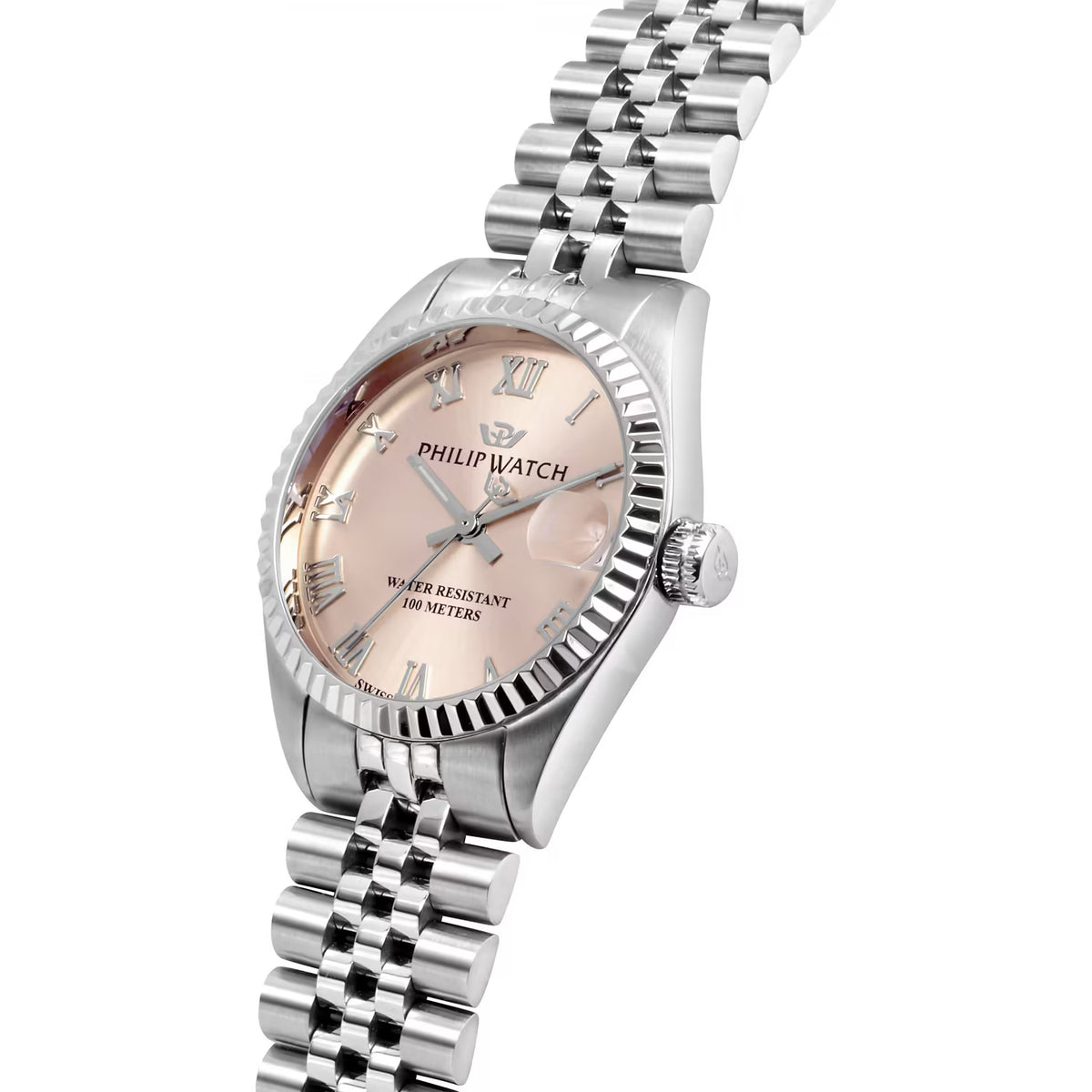 orologio philip watch da donna con movimento al quarzo eta f05.115 e funzioni di solo tempo con data.
cassa in acciaio inox dal diametro di 31 mm. ghiera zigrinata in acciaio.
quadrante analogico rosa con indici a numeri romani e datario a ore 3 con lente d'ingrandimento. vetro zaffiro.
cinturino in acciaio anallergico silver; chiusura deployante con pulsanti.
resistente all'acqua fino a 100 metri di profondità.