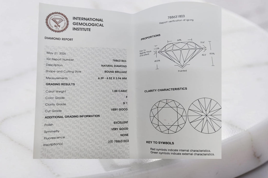 Certificato IGI di un diamante da 1 carato con caratteristiche principali: F color, purezza  SI1, taglio verygood
