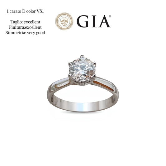Anello solitario in oro bianco 18kt con diamante naturale da 1 carato D/VS1 certificato GIA