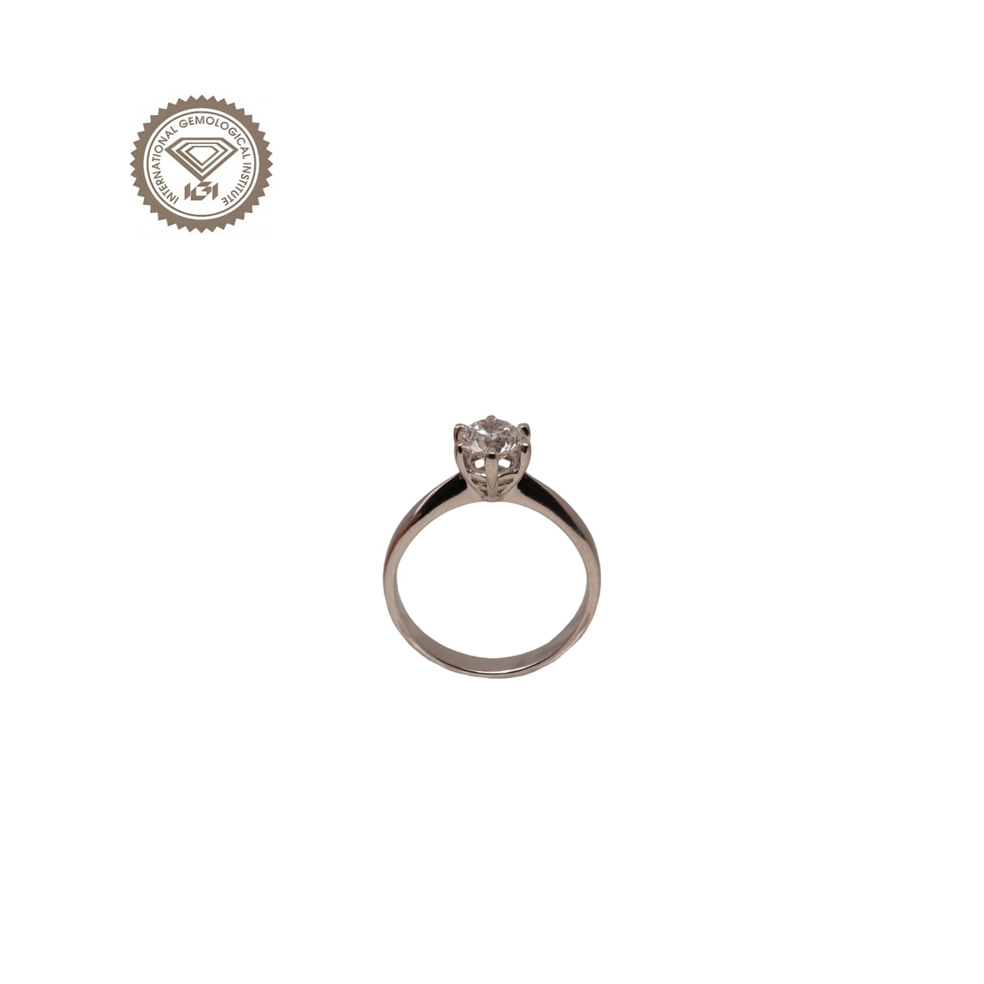 Vista frontale, Anello Solitario in oro bianco 18kt di Meteore Gioielli con diamante naturale taglio brillante 0.81ct F/SI1 con certificato IGI e incisione laser sulla cintura
