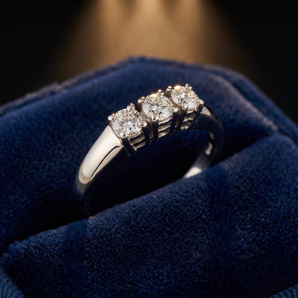 anello trilogy in oro bianco 18kt di meteore gioielli con diamanti naturali taglio brillante. un classico che rappresenta il passato, il presente e il futuro. 