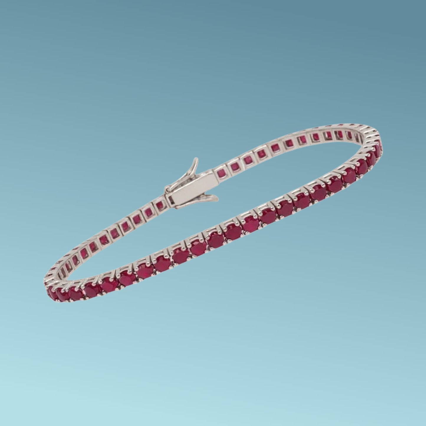 bracciale tennis in oro bianco 18kt da cm 18 di meteore gioielli con rubini naturali taglio brillante di 4.70 ct incassati su una montatura a filo diritto