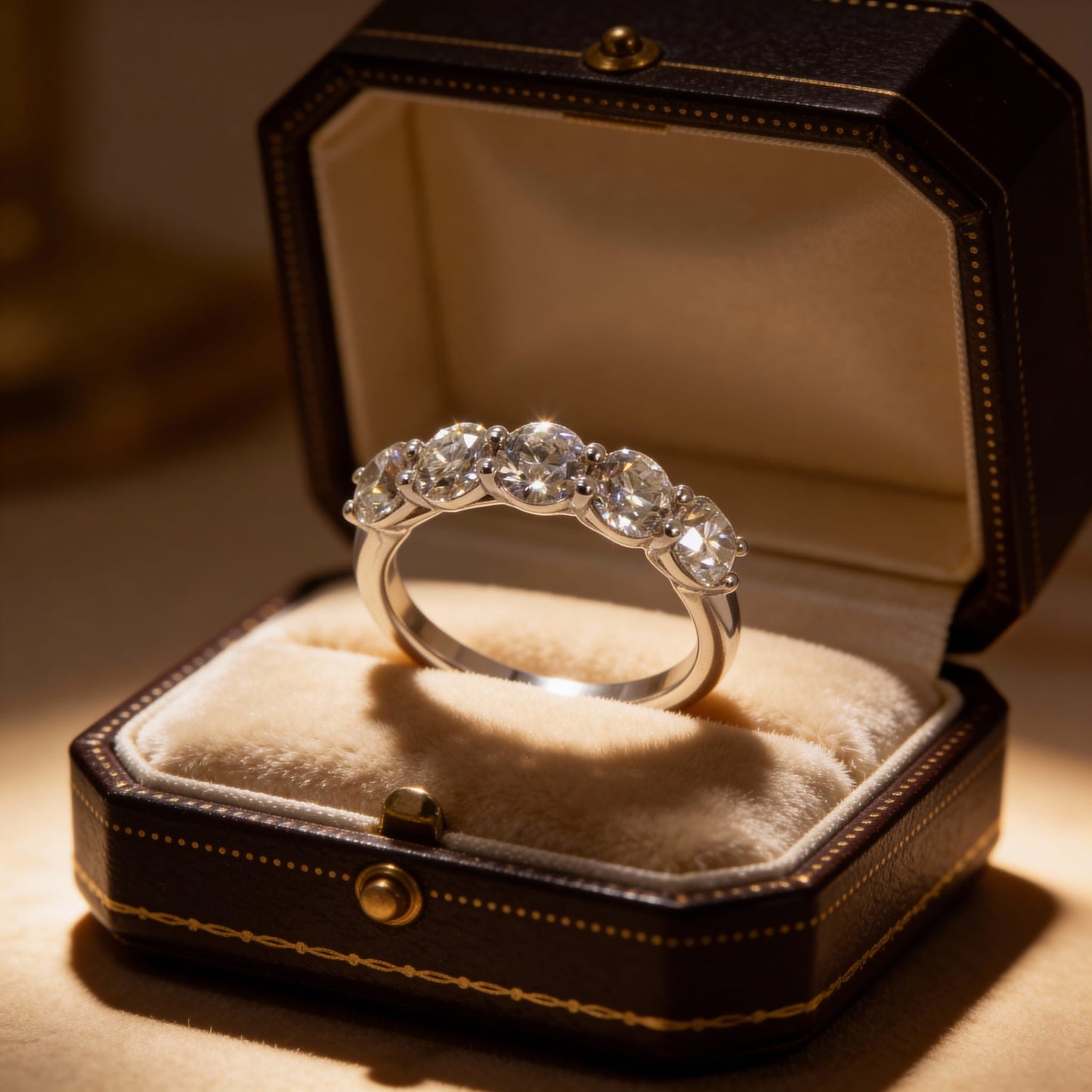 anello veretta in oro bianco 18kt di meteore gioielli con 5 diamanti naturali taglio brillante e/vs1 da 0.40 ct per un totale di 2.00 ct, certificazione igi