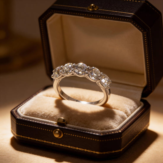 Anello veretta in oro bianco 18kt di Meteore Gioielli con 5 Diamanti naturali taglio brillante E/VS1 da 0.40 ct per un totale di 2.00 ct, certificazione IGI