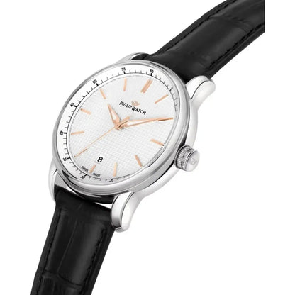 Orologio da uomo con movimento al quarzo ETA F06.115 con funzioni di solo tempo con data. Cassa in acciaio inox dal diametro di 40 mm. Fondello e corona a vite.