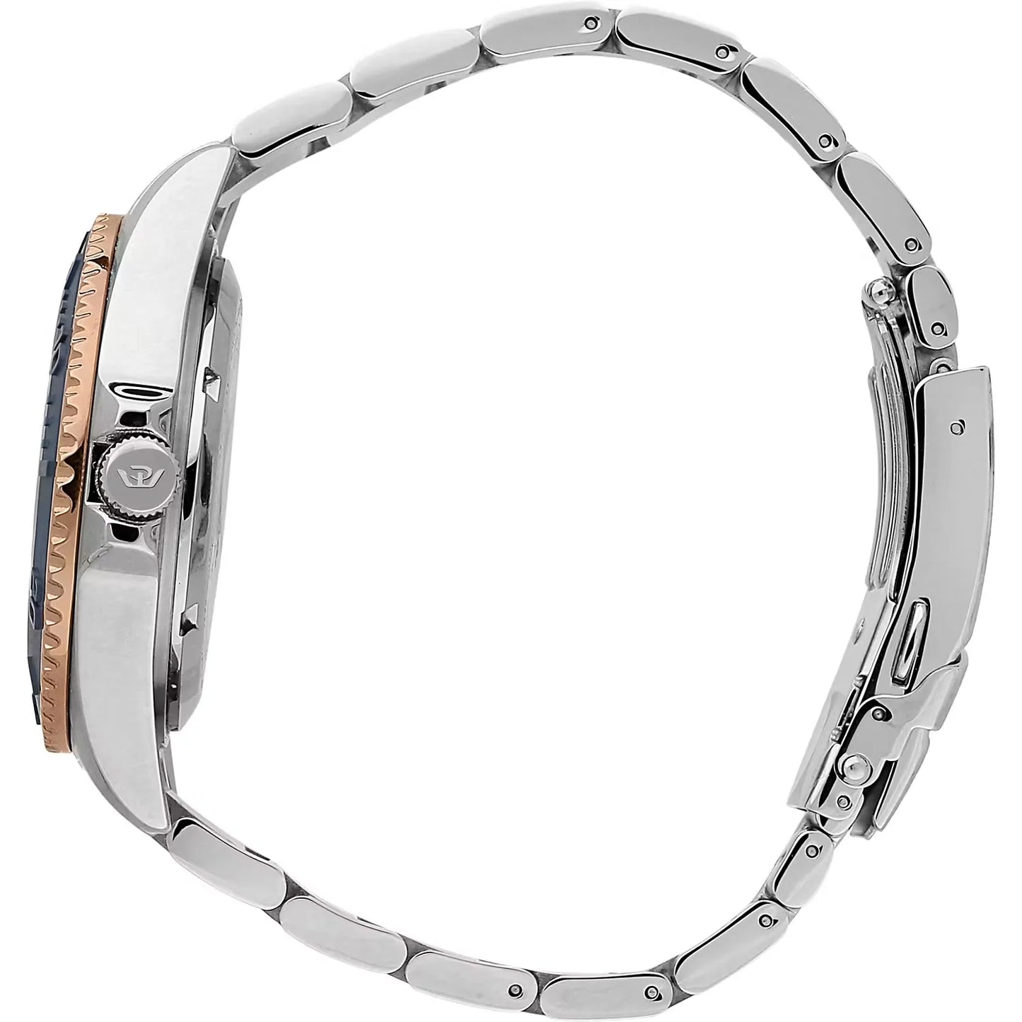 orologio da uomo con movimento automatico sellita sw220 e funzione di solo tempo con data.
cassa in acciaio inox dal diametro di 42 mm. lunetta placcata oro rosa con inserto in ceramica blu. valvola a elio per garantire maggiore impermeabilità