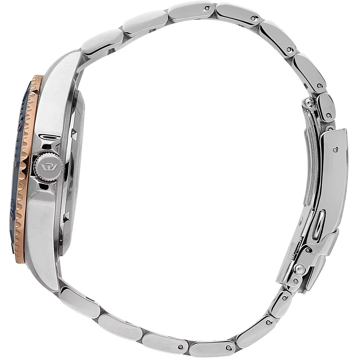 Orologio da uomo con movimento automatico Sellita SW220 e funzione di solo tempo con data.
Cassa in acciaio inox dal diametro di 42 mm. Lunetta placcata oro rosa con inserto in ceramica blu. Valvola a elio per garantire maggiore impermeabilità