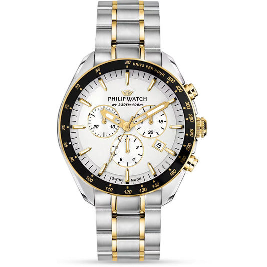 Orologio da uomo con movimento al quarzo RONDA 5040D e funzioni di cronografo con data.
Cassa in acciaio inox dal diametro di 42 mm. Lunetta dorata.