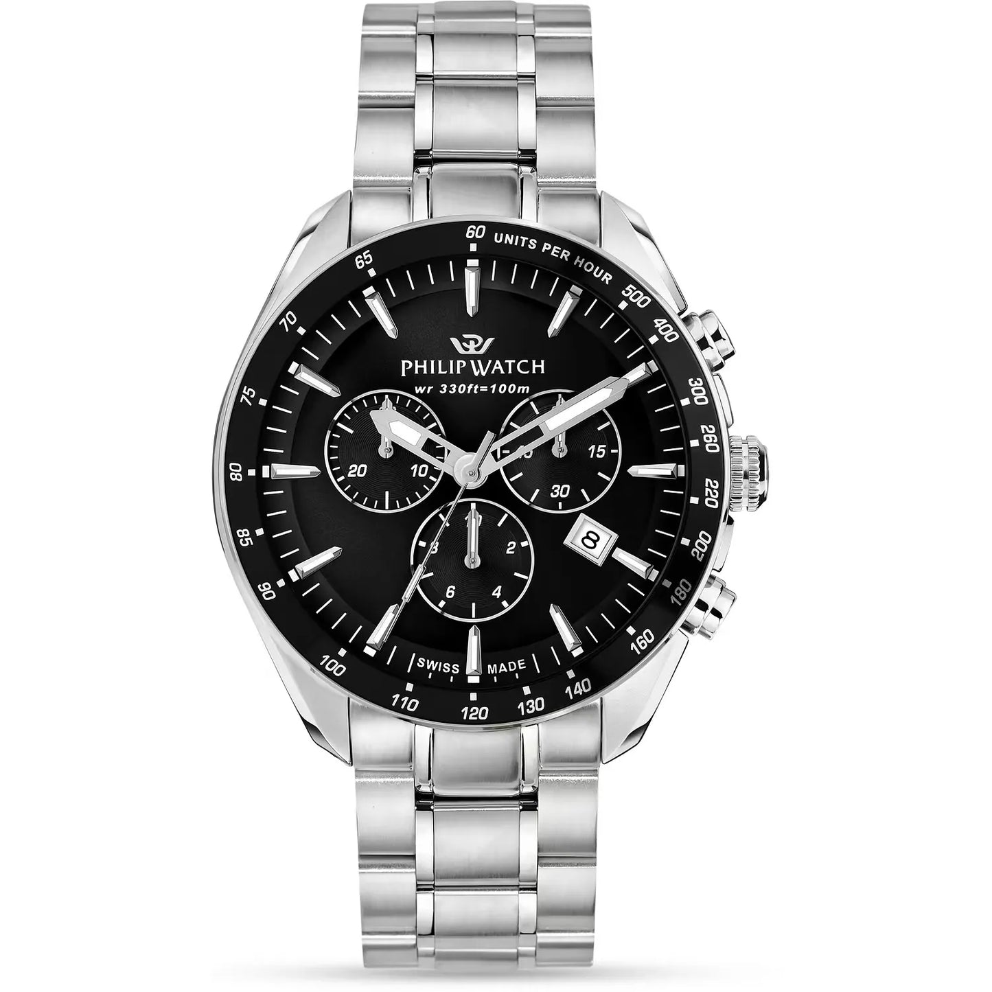 orologio da uomo con movimento al quarzo ronda 5040d e funzioni di cronografo con data.
cassa in acciaio inox diametro 42 mm. lunetta con trattamento ip nero.