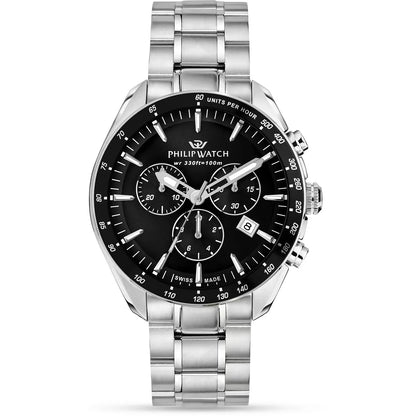 Orologio da uomo con movimento al quarzo RONDA 5040D e funzioni di cronografo con data.
Cassa in acciaio inox diametro 42 mm. Lunetta con trattamento ip nero.