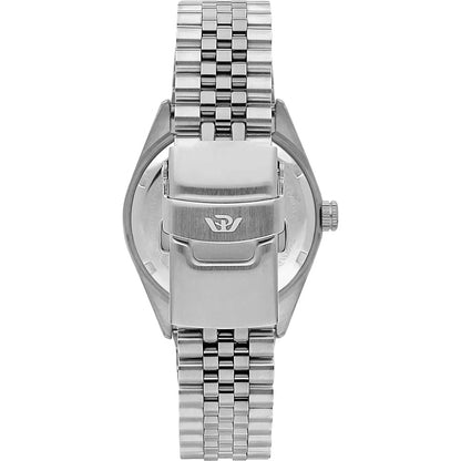 Orologio da uomo Philip Watch con movimento al quarzo ETA F06.115 e funzioni di solo tempo con data.
Cassa rotonda in acciaio inox dal diametro di 39 mm. Lunetta zigrinata. Fondello e corona a vite. Bracciale acciaio inox.