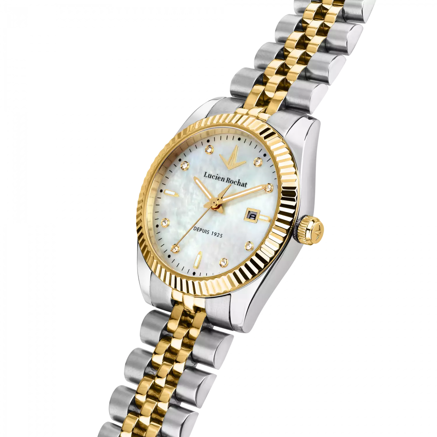 orologio tempo e data da donna lucien rochat r0453124501, cassa silver in acciaio indici con diamanti. collezione bienne lady&nbsp; quadrante madreperla dettagli oro giallo 31mm 5atm
