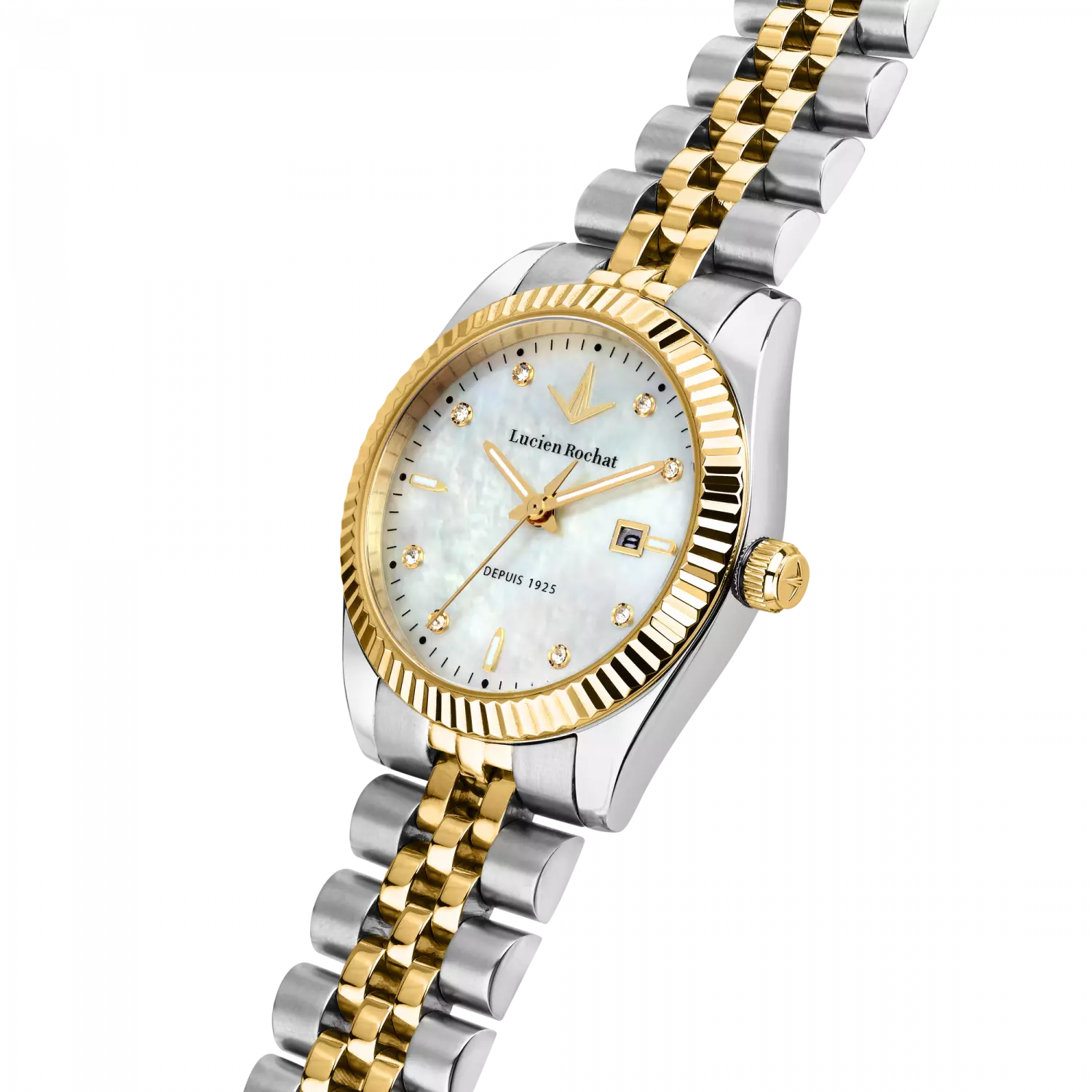 Orologio Tempo e data da Donna Lucien Rochat R0453124501, Cassa Silver in Acciaio Indici con Diamanti. Collezione Bienne Lady&nbsp; Quadrante madreperla Dettagli oro giallo 31mm 5atm