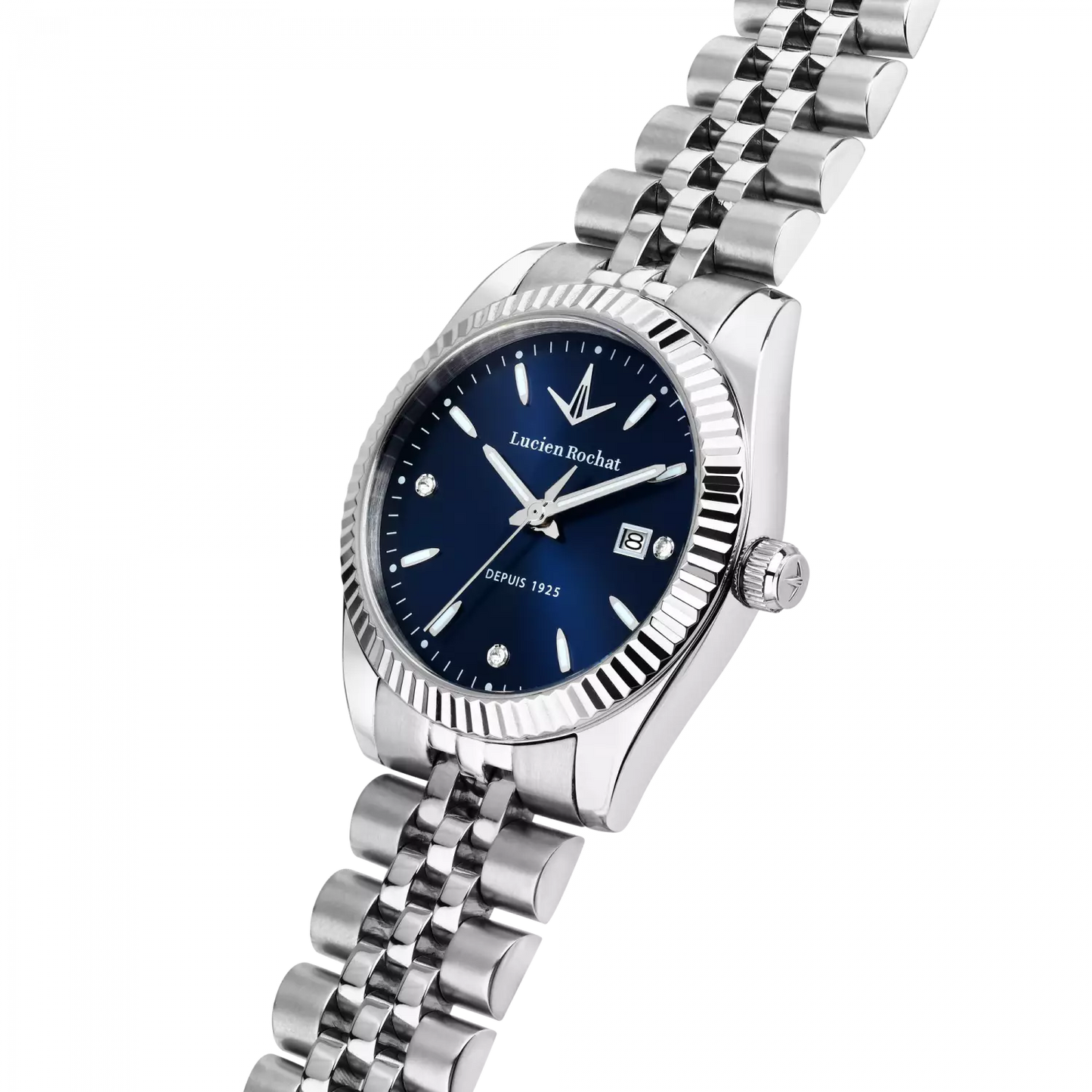 orologio tempo e data da donna lucien rochat r0453124502, cassa silver in acciaio indici con diamanti. collezione bienne lady quadrante blu