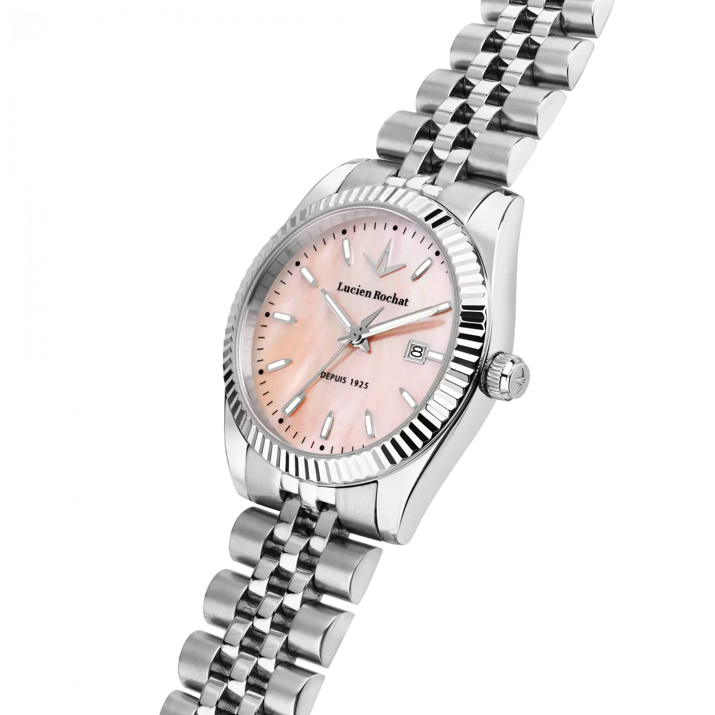 orologio tempo e data da donna lucien rochat r0453124504, cassa silver in acciaio. collezione bienne lady quadrante rosa chiaro in madreperla