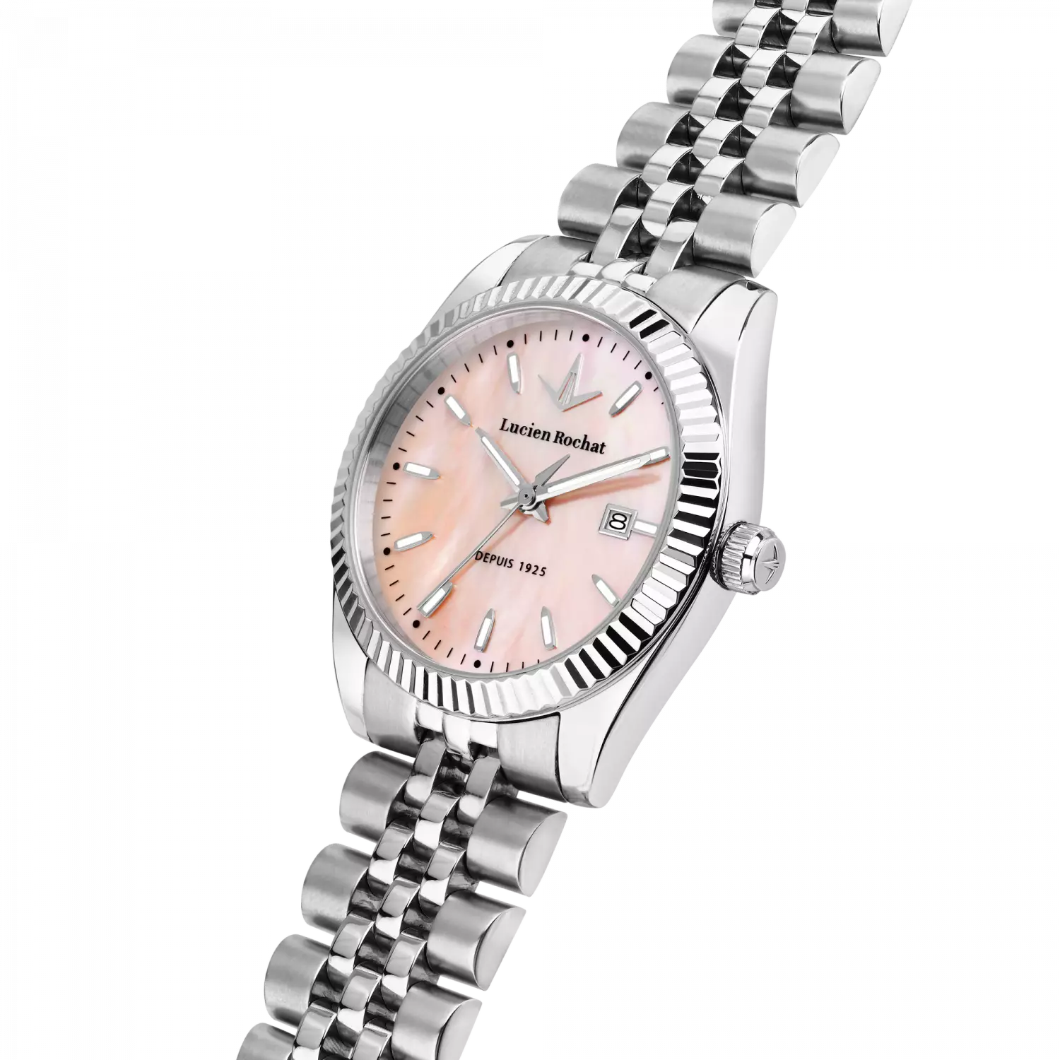 Orologio Tempo e data da Donna Lucien Rochat R0453124504, Cassa Silver in Acciaio. Collezione Bienne Lady Quadrante rosa chiaro in madreperla