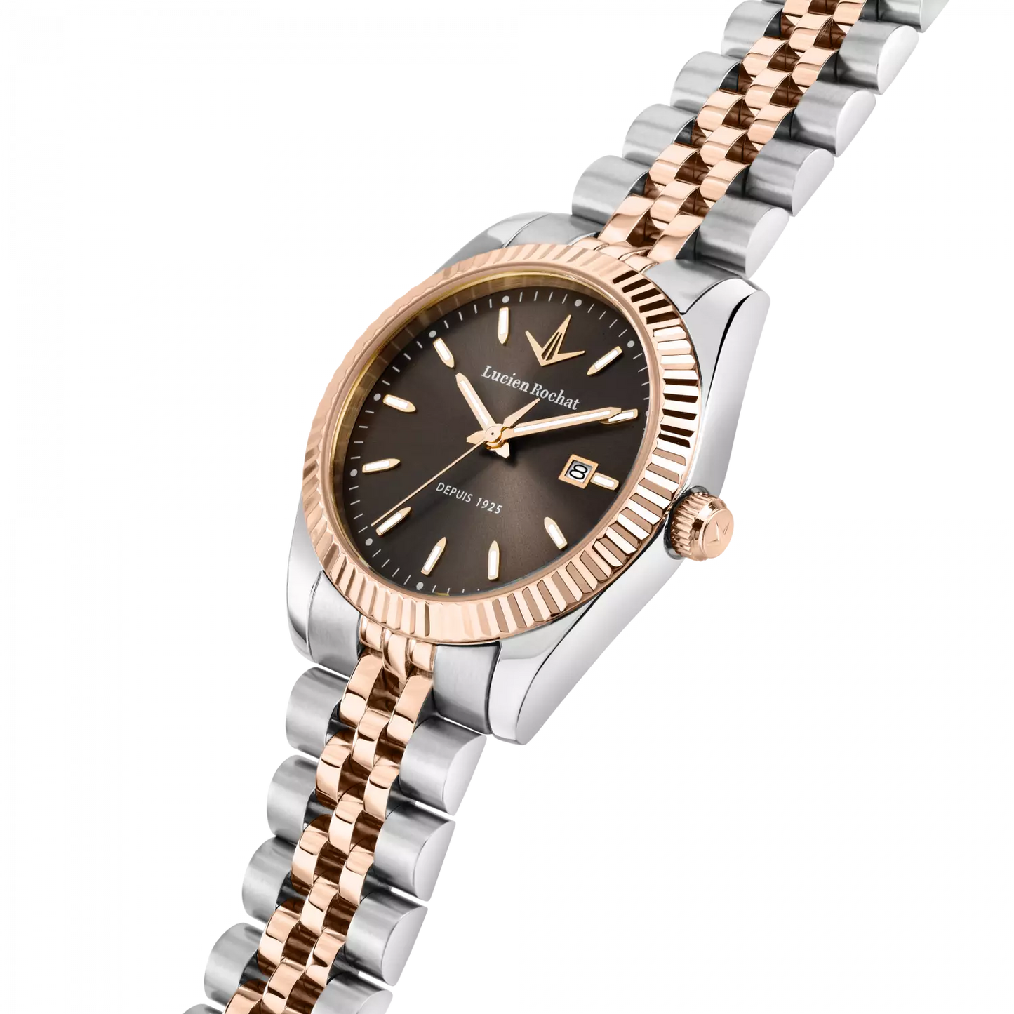 orologio tempo e data da donna lucien rochat r0453124514, cassa silver in acciaio. collezione bienne 2025/2026 quadrante marrone dettagli oro rosa