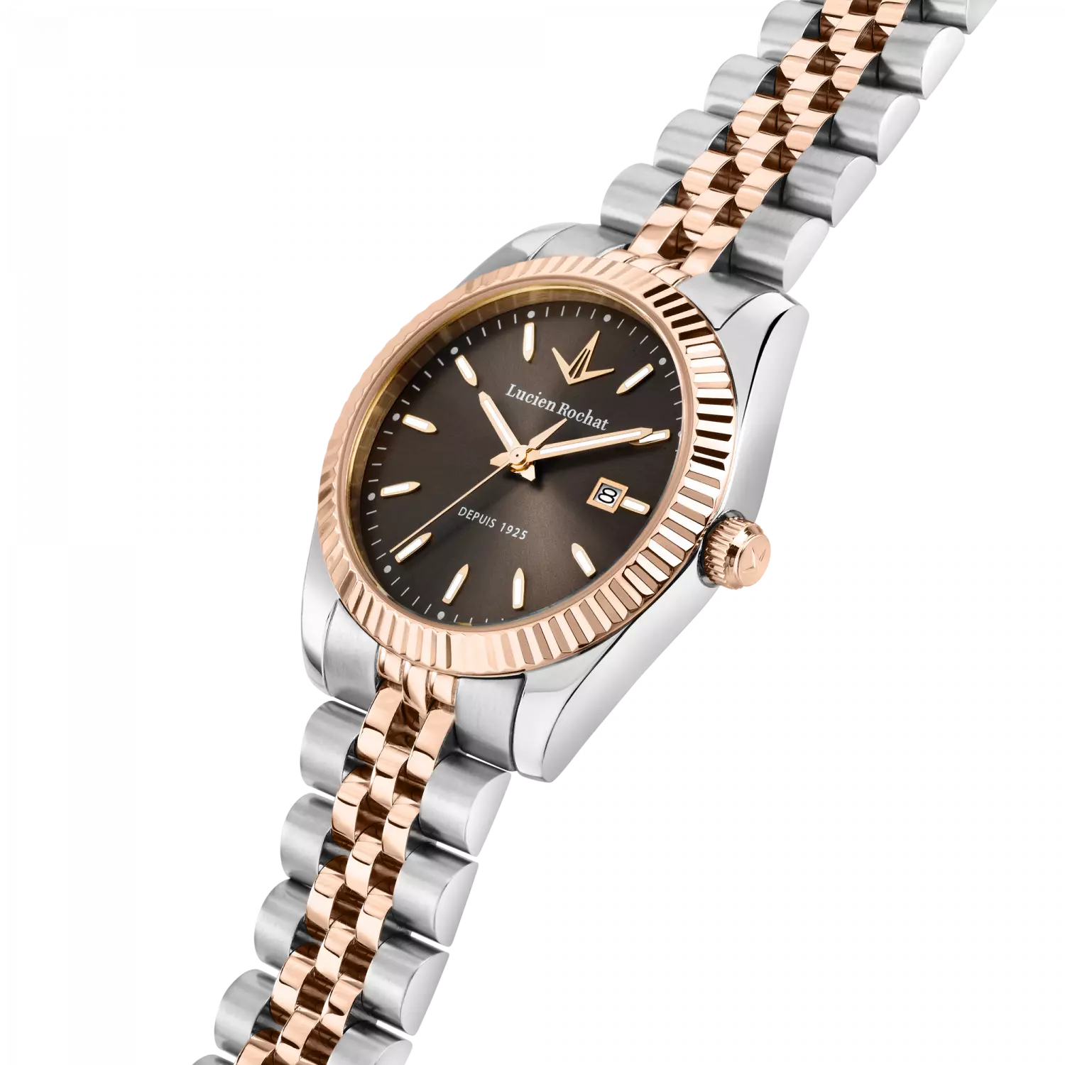 Orologio Tempo e data da Donna Lucien Rochat R0453124514, Cassa Silver in Acciaio. Collezione Bienne 2025/2026 Quadrante marrone Dettagli oro rosa