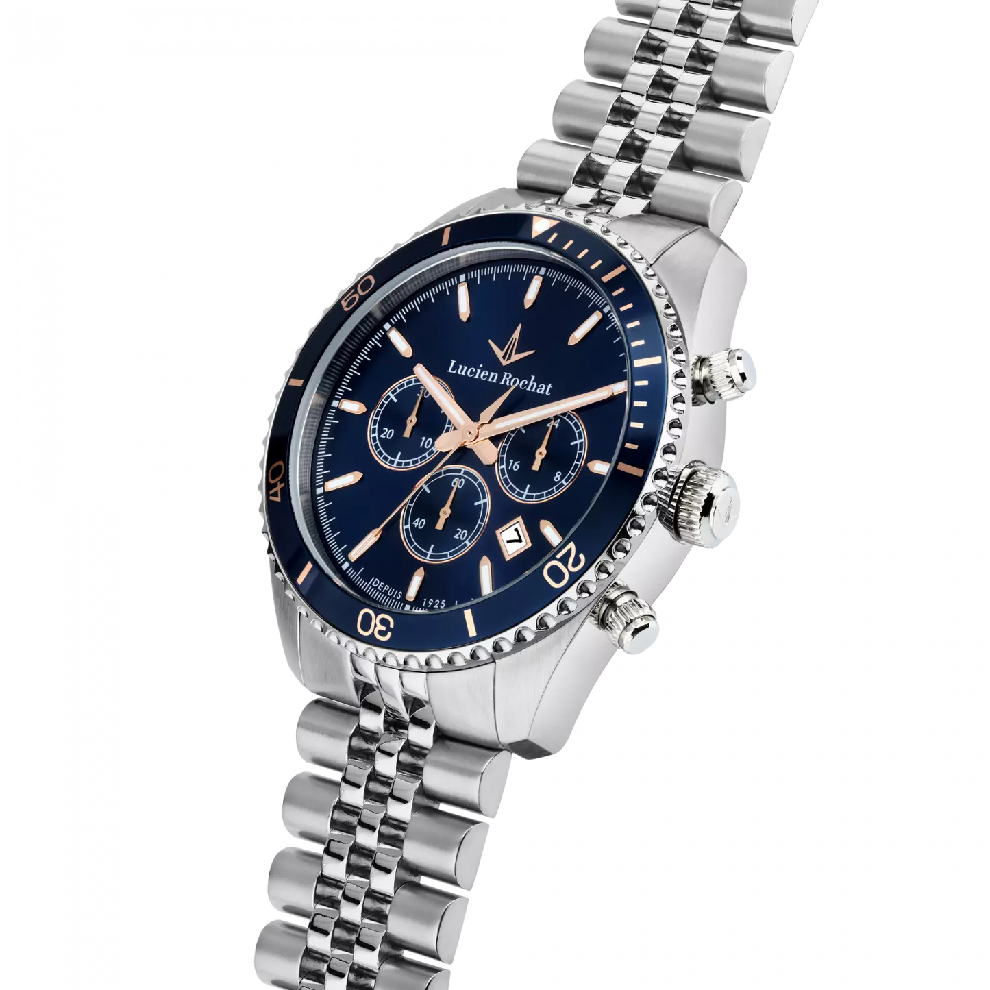 orologio cronografo da uomo lucien rochat r0473617008, cassa silver in acciaio. collezione léman quadrante blu dettagli oro rosa