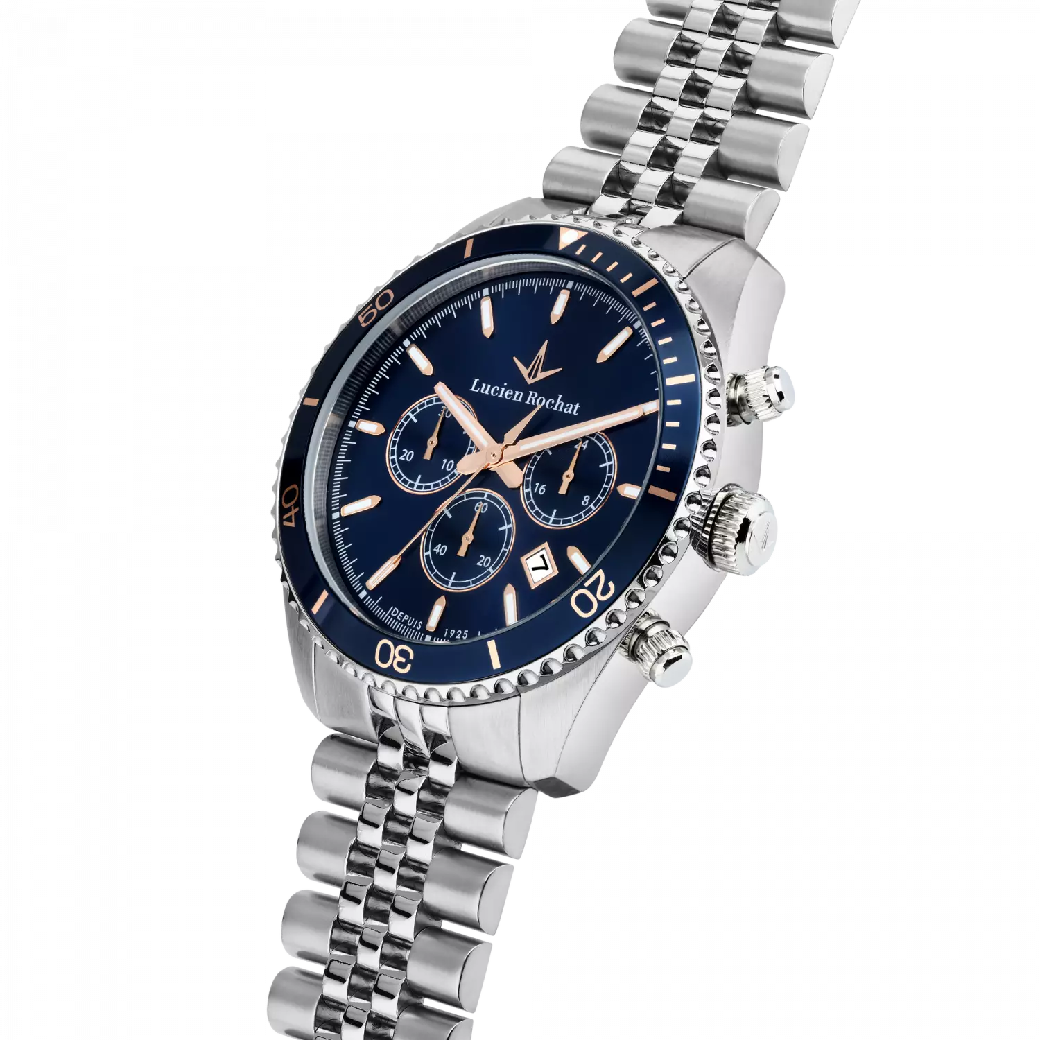 Orologio Cronografo da Uomo Lucien Rochat R0473617008, Cassa Silver in Acciaio. Collezione Léman Quadrante blu Dettagli oro rosa