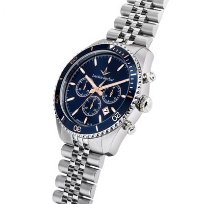 Orologio Cronografo da Uomo Lucien Rochat R0473617008, Cassa Silver in Acciaio. Collezione Léman Quadrante blu Dettagli oro rosa