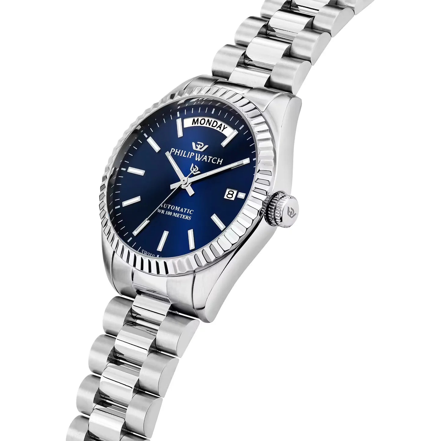 orologio da uomo philip watch con movimento automatico sellita sw240-1 e funzioni di solo tempo con data. cassa in acciaio inox dal diametro di 39 mm.  quadrante blu, lunetta zigrinata.