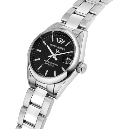 Orologio da donna Philip Watch della collezione Caribe. Il movimento dell'orologio è al quarzo Swiss Made con funzione datario. La cassa dell'orologio è realizzata in acciaio, diametro 31 mm. Il bracciale è realizzato in acciaio. Il quadrante è di colore nero. 