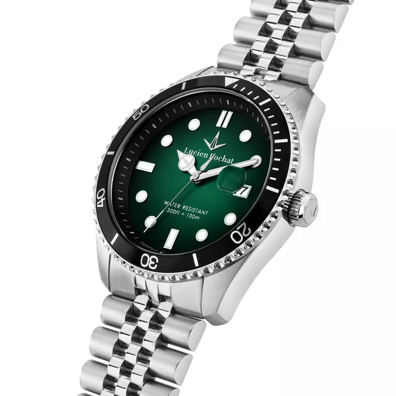 orologio tempo e data da uomo lucien rochat r0453117003, cassa silver in acciaio. collezione léman quadrante ombrè verde