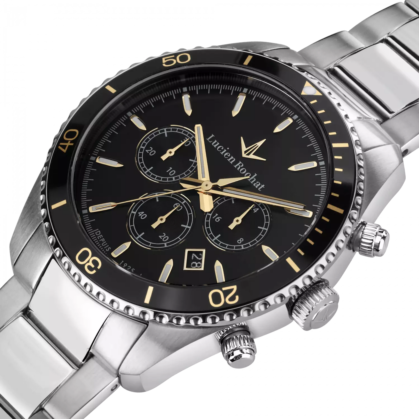 orologio lucien rochat uomo collezione léman, movimento al quarzo con funzione di cronografo con data. la cassa è in acciaio inox da 43mm, fondello e corona a vite e vetro zaffiro con lente sul datario a ore 4 lunetta con dettagli oro giallo