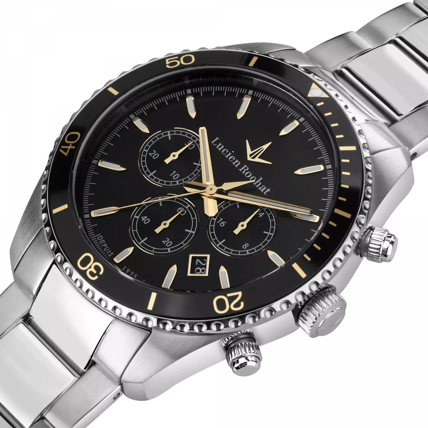 Orologio Lucien Rochat Uomo Collezione Léman, movimento al quarzo con funzione di cronografo con data. La cassa è in acciaio inox da 43mm, fondello e corona a vite e vetro zaffiro con lente sul datario a ore 4 lunetta con dettagli oro giallo