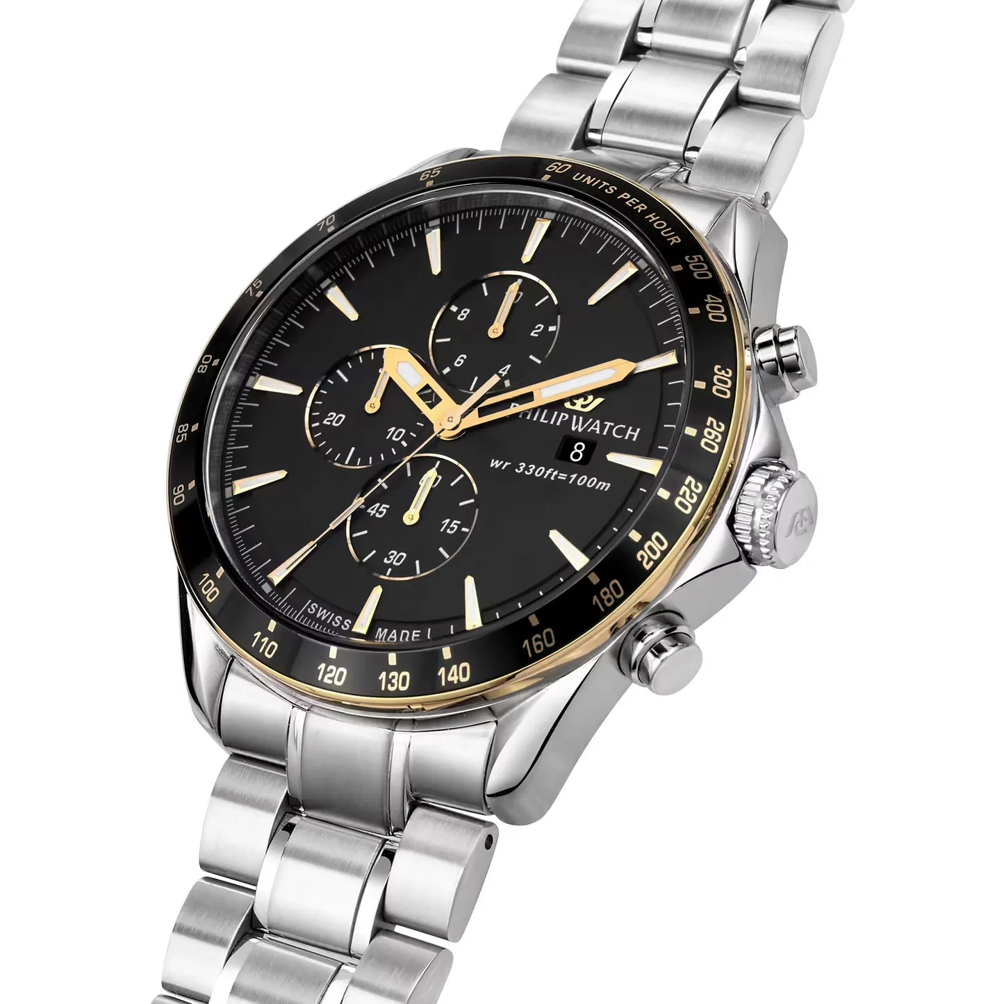 orologio philip watch da uomo con movimento al quarzo ronda 3540 e funzioni di cronografo con data.
cassa in acciaio inox dal diametro di 44 mm. lunetta con finitura dorata.