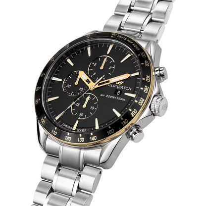 Orologio philip watch da uomo con movimento al quarzo RONDA 3540 e funzioni di cronografo con data.
Cassa in acciaio inox dal diametro di 44 mm. Lunetta con finitura dorata.