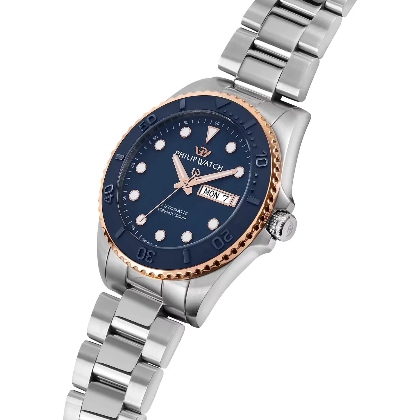 orologio da uomo con movimento automatico sellita sw220 e funzione di solo tempo con data.
cassa in acciaio inox dal diametro di 42 mm. lunetta placcata oro rosa con inserto in ceramica blu. valvola a elio per garantire maggiore impermeabilità