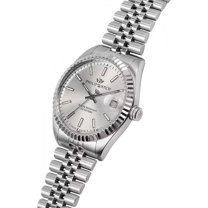 Orologio da uomo Philip Watch con movimento al quarzo ETA F06.115 e funzioni di solo tempo con data.
Cassa rotonda in acciaio inox dal diametro di 39 mm. Lunetta zigrinata. Fondello e corona a vite. 