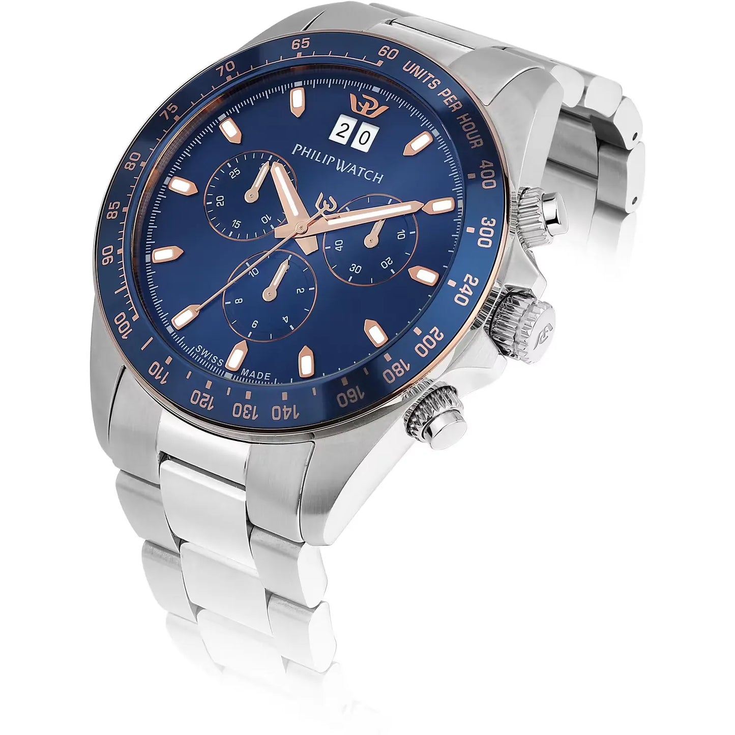 orologio da uomo philip watch con movimento al quarzo ronda 5040 e funzione di crongorafo con data.
cassa in acciaio inox dal diametro di 42 mm. lunetta con inserto in alluminio blu.