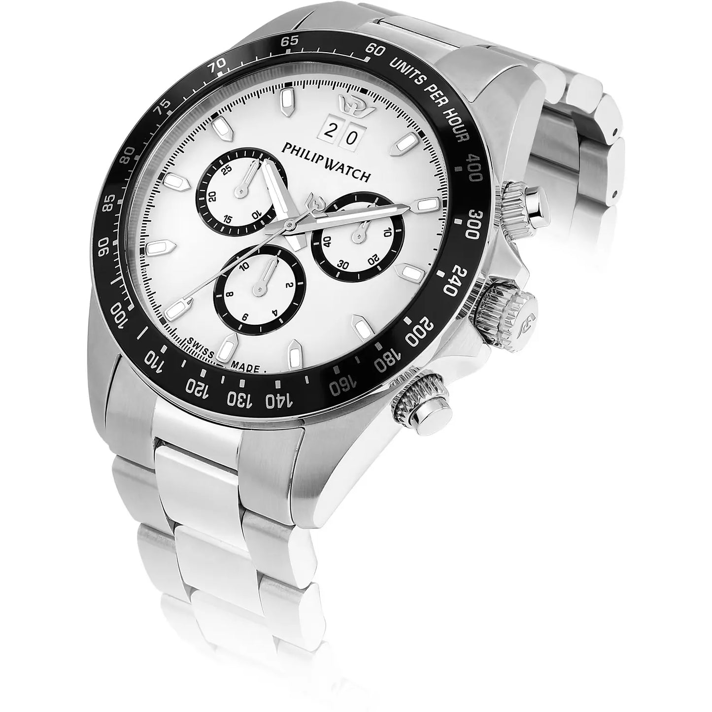 orologio da uomo philip whatch con movimento al quarzo ronda 5040 e funzione di cronografo con data.
cassa in acciaio inox dal diametro di 42 mm. lunetta con inserto in alluminio nero