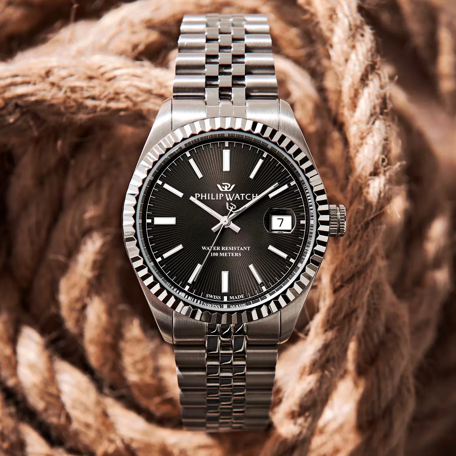 primo piano orologio philip watch  uomo 39mm quadrante grigio scuro 