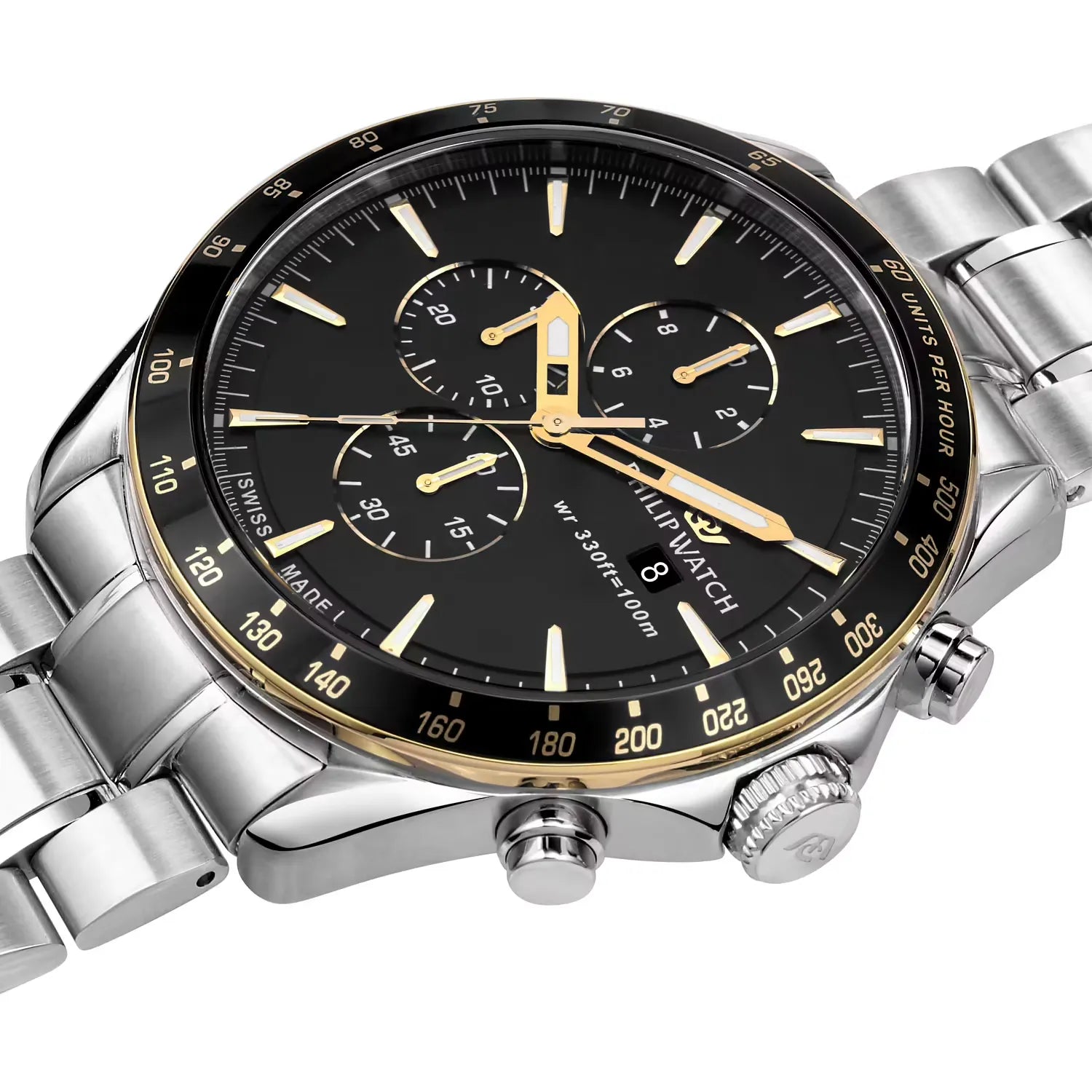 Orologio philip watch da uomo con movimento al quarzo RONDA 3540 e funzioni di cronografo con data.
Cassa in acciaio inox dal diametro di 44 mm. Lunetta con finitura dorata.