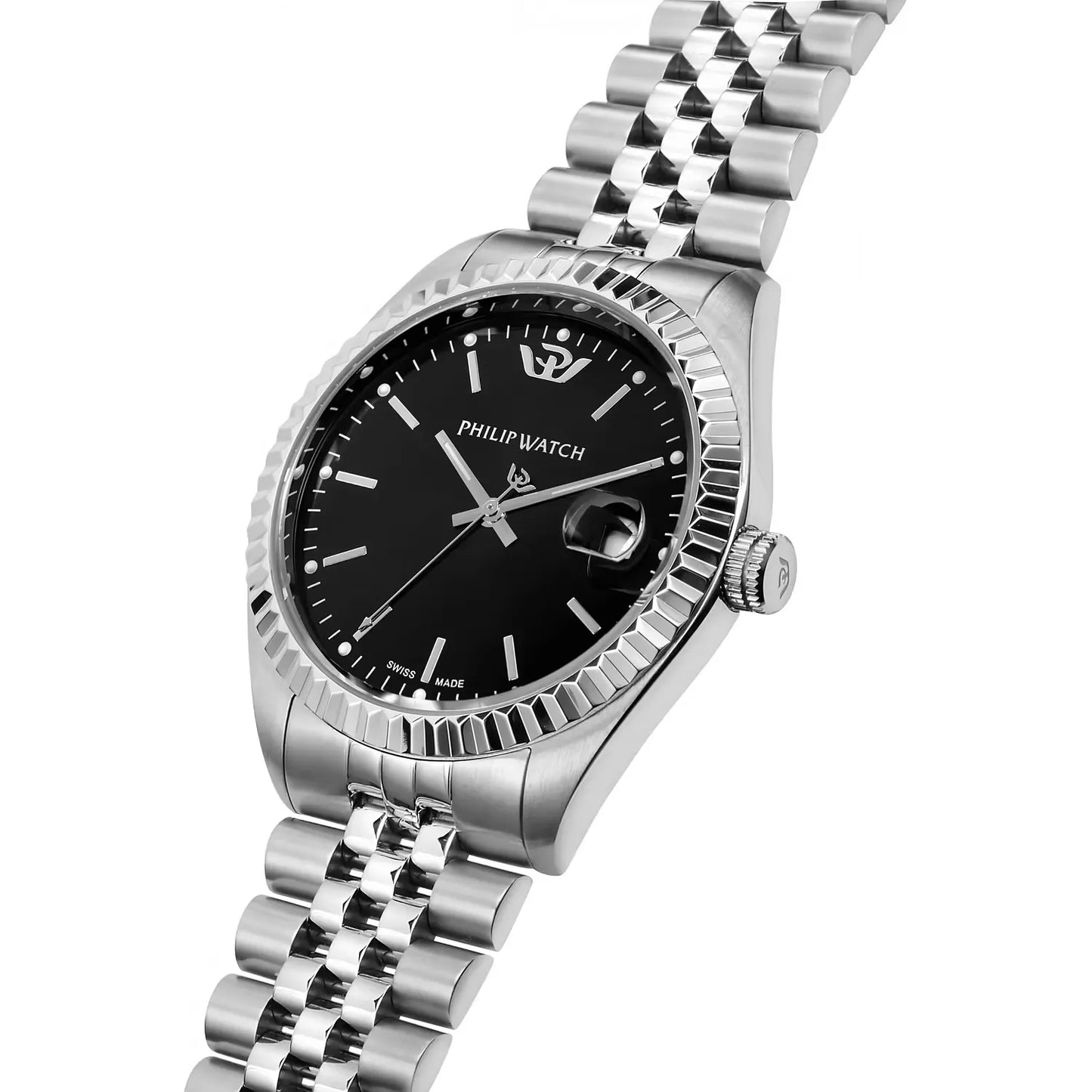 orologio da uomo philip watch con movimento al quarzo eta f06.115 e funzioni di solo tempo con data.
cassa in acciaio inox dal diametro di 39 mm. ghiera zigrinata. quadrante nero