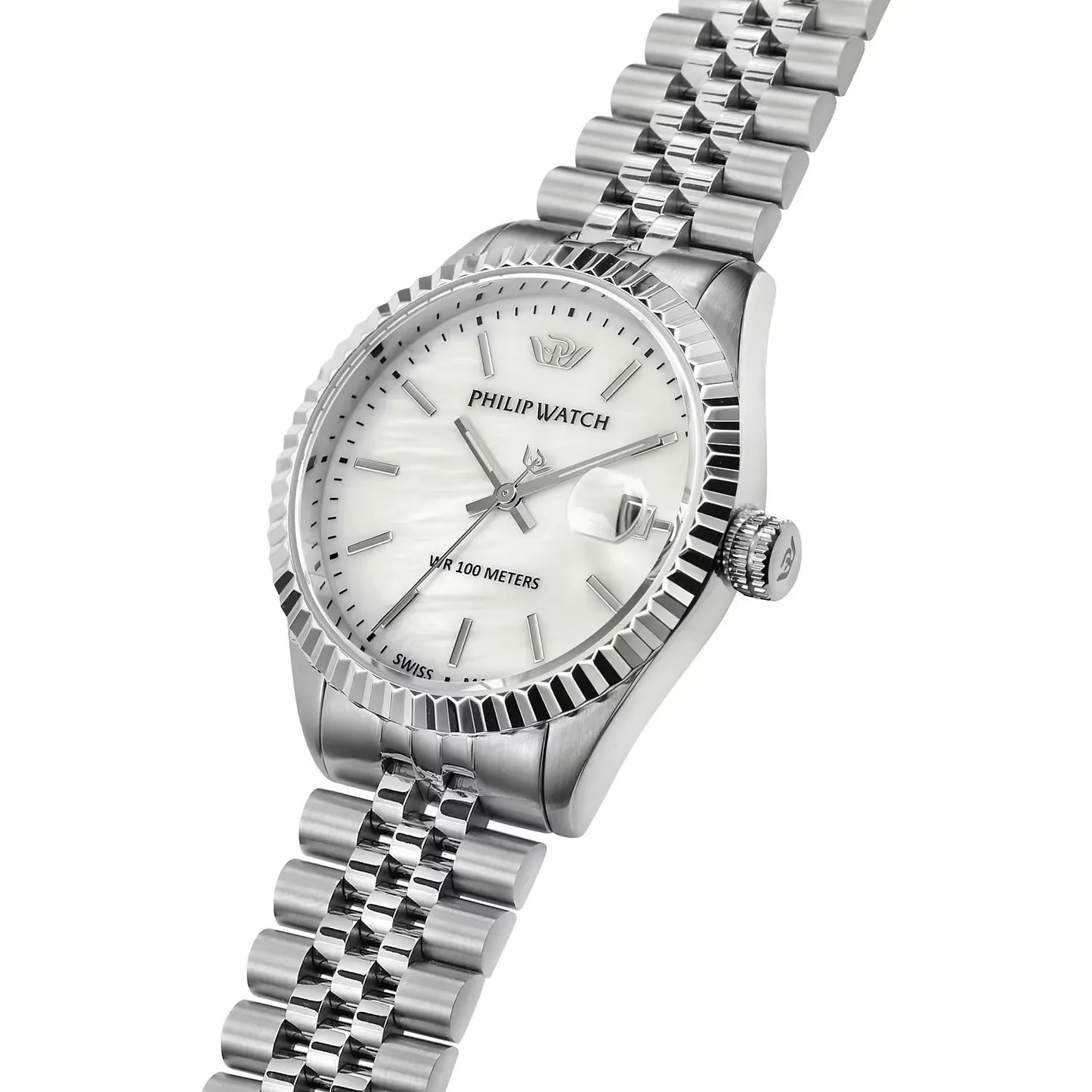 rologio philip watch da donna con movimento al quarzo e funzioni di solo tempo con data.
cassa in acciaio inox dal diametro di 35 mm e spessore di 9,15 mm. ghiera zigrinata.
quadrante analogico in madreperla con indici a bastoni e datario 
