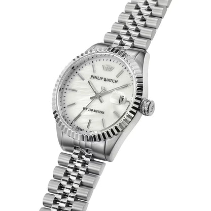 rologio philip watch da donna con movimento al quarzo e funzioni di solo tempo con data.
Cassa in acciaio inox dal diametro di 35 mm e spessore di 9,15 mm. Ghiera zigrinata.
Quadrante analogico in madreperla con indici a bastoni e datario 