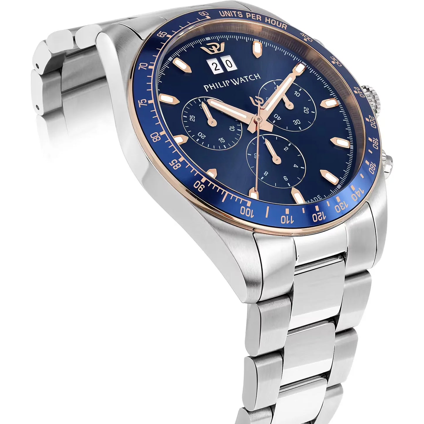 orologio da uomo philip watch con movimento al quarzo ronda 5040 e funzione di crongorafo con data.
cassa in acciaio inox dal diametro di 42 mm. lunetta con inserto in alluminio blu.