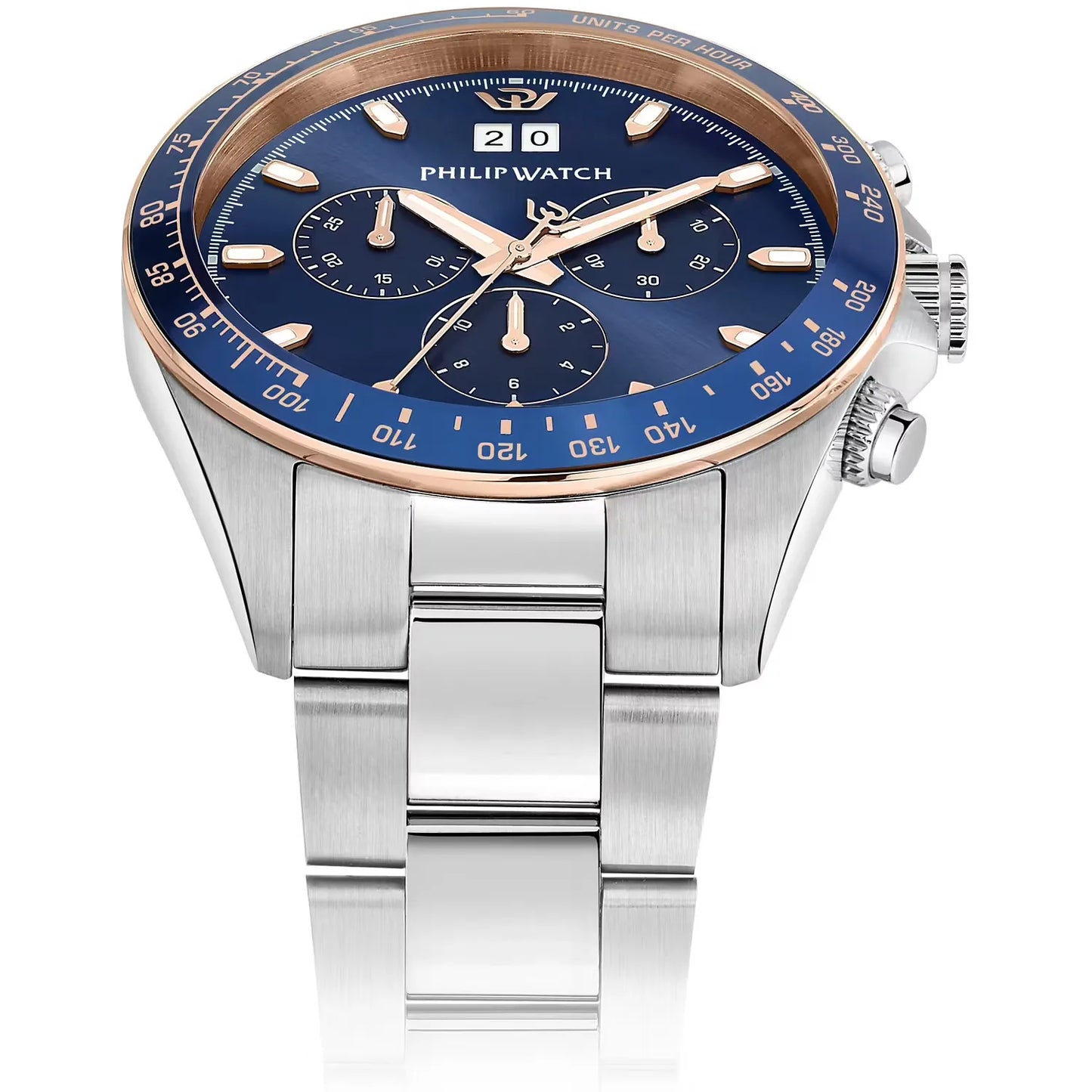 orologio da uomo philip watch con movimento al quarzo ronda 5040 e funzione di crongorafo con data.
cassa in acciaio inox dal diametro di 42 mm. lunetta con inserto in alluminio blu.