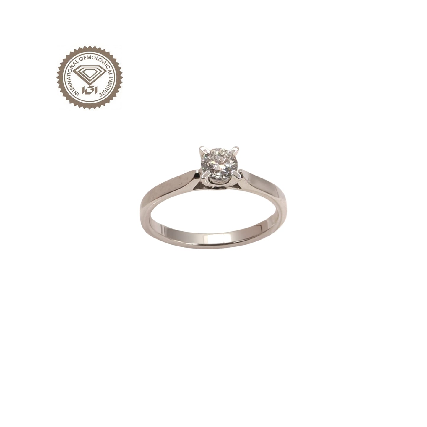 anello solitario in oro bianco 18kt con diamante naturale taglio brillante 0.40 ct d/vs1 certificato internazionale igi con incisione laser sulla cintura