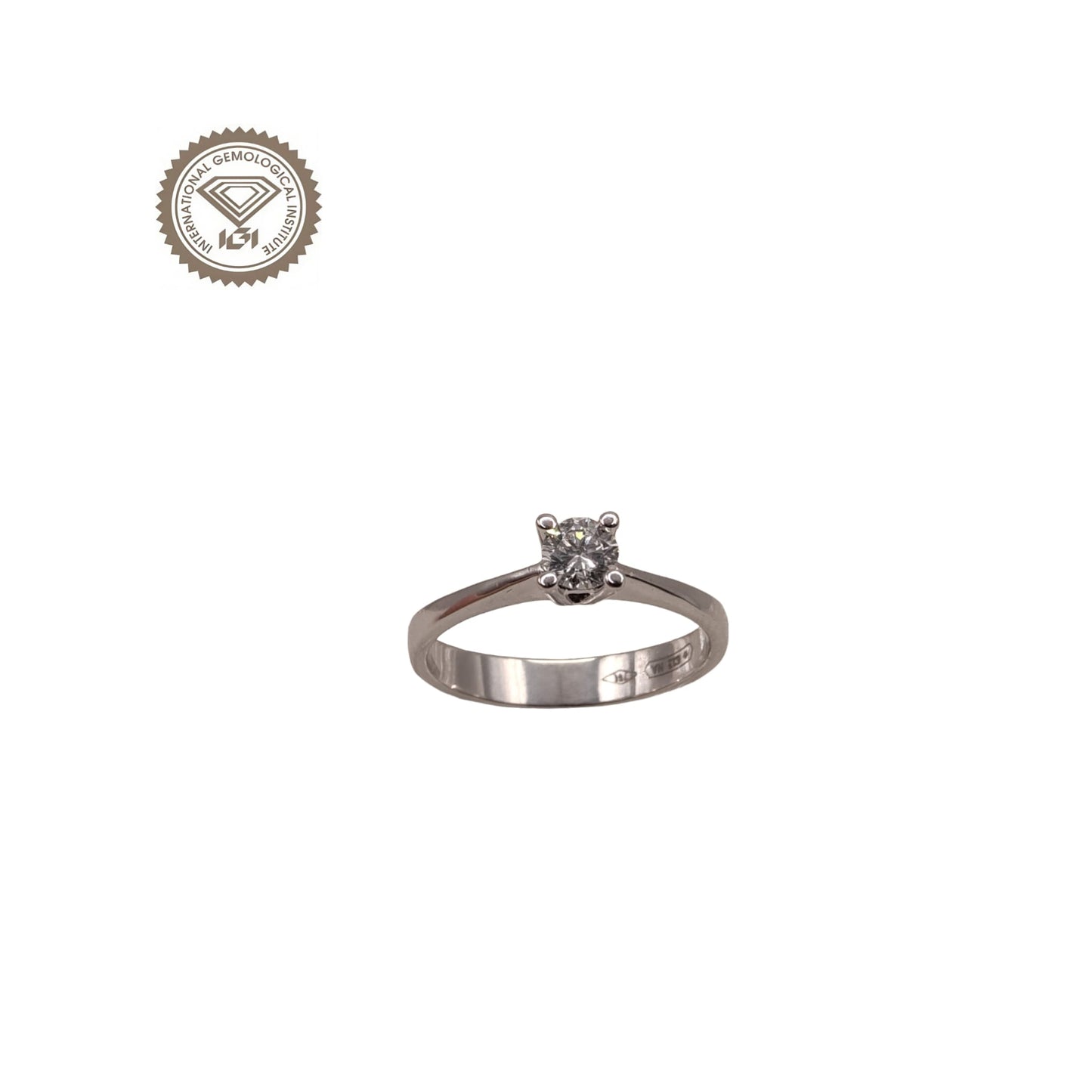 anello solitario in oro bianco 18kt di meteore gioielli con diamante naturale taglio brillante 0.30ct e/si1 con certificato igi e incisione laser sulla cintura