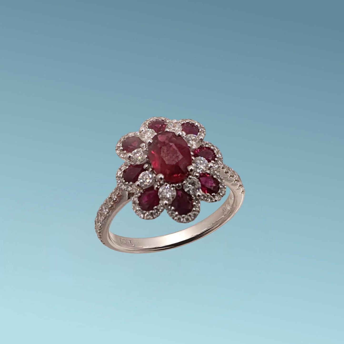 anello oro bianco 18ct a forma di fiore con rubini e diamanti naturali di meteore gioielli.