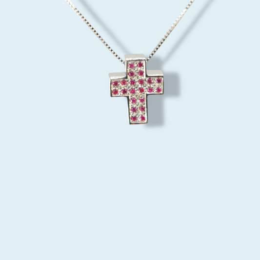 Collana con croce con pavè di rubini naturali di Meteore gioielli, in oro bianco