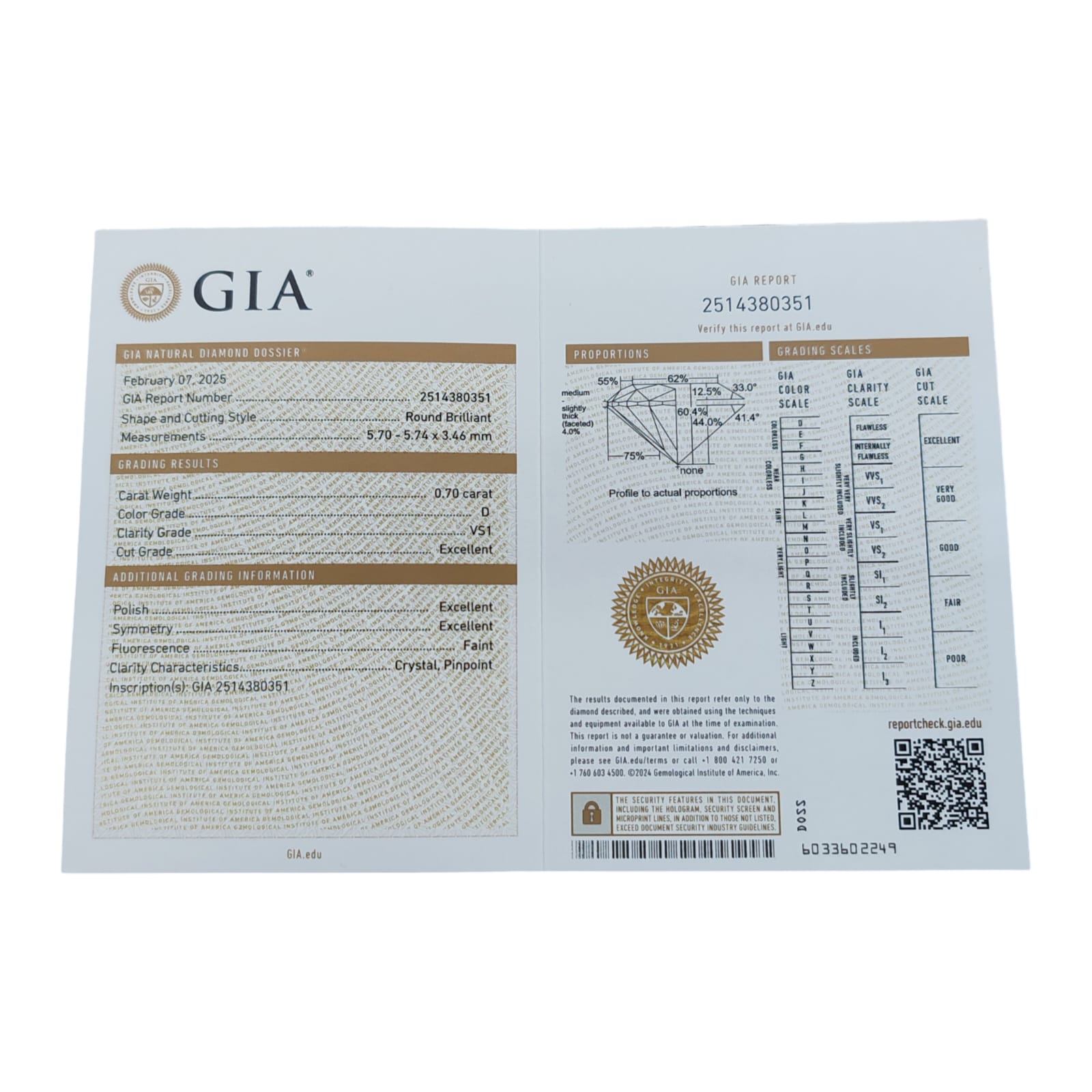 Certificazione GIA n. 2514380351 diamante 0.70 carati D color VS1